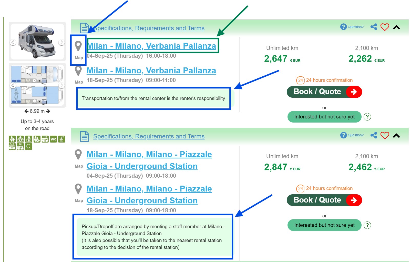 Campers for rent in Europe - How to find the Rental center location