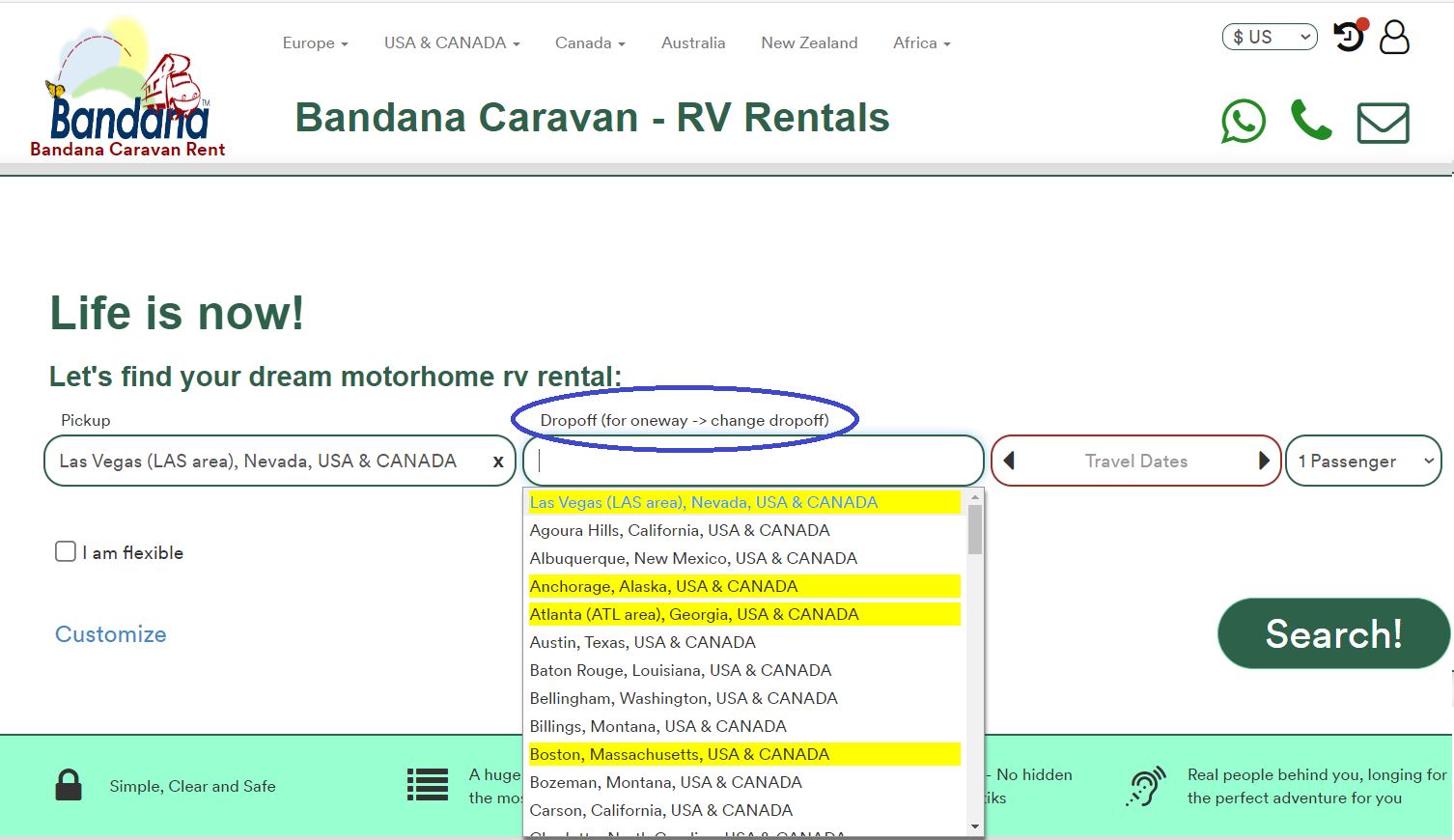 One way Motorhome rentals in USA