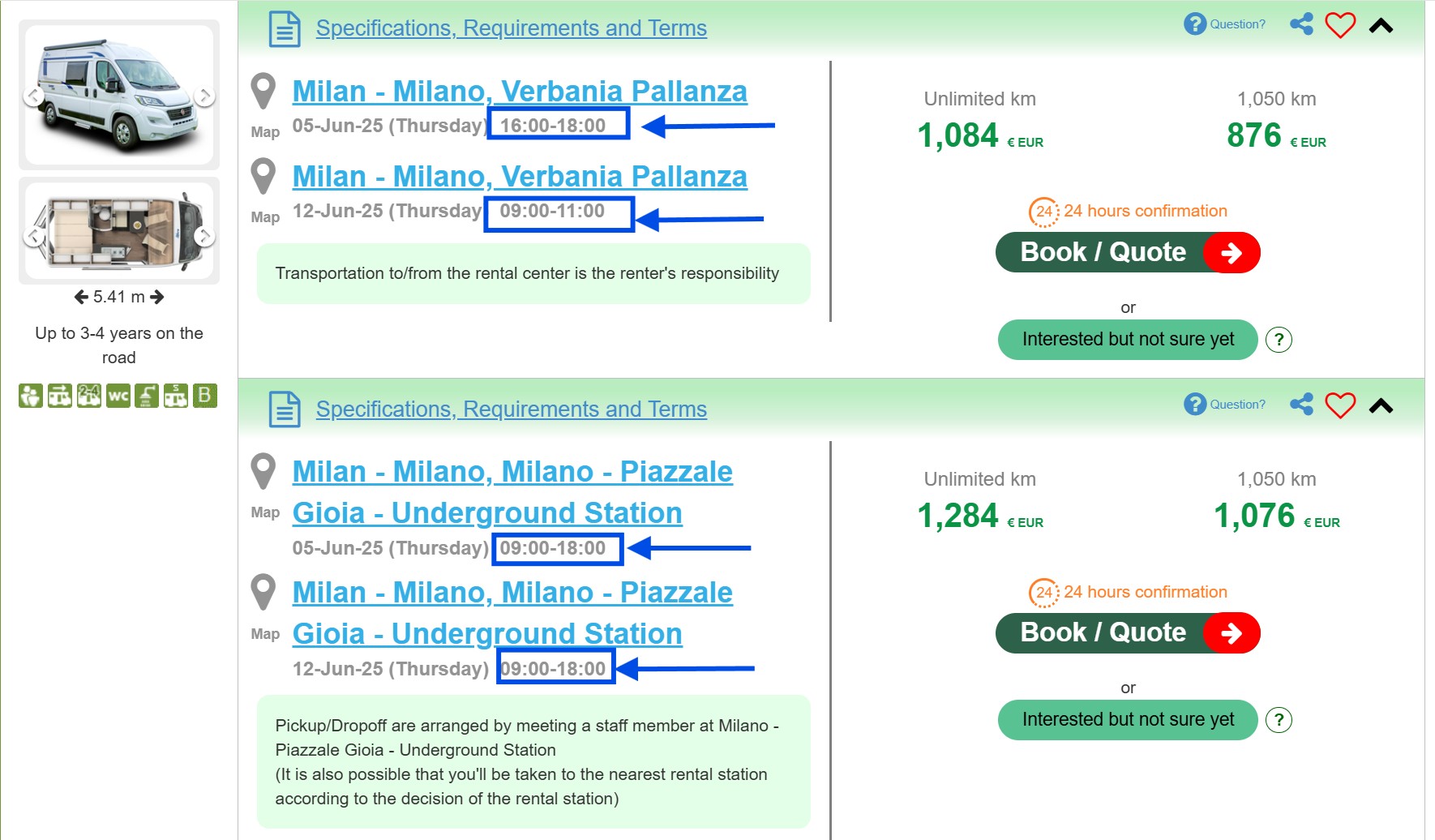 pickup and drop off time frame of Campers for rent in Europe